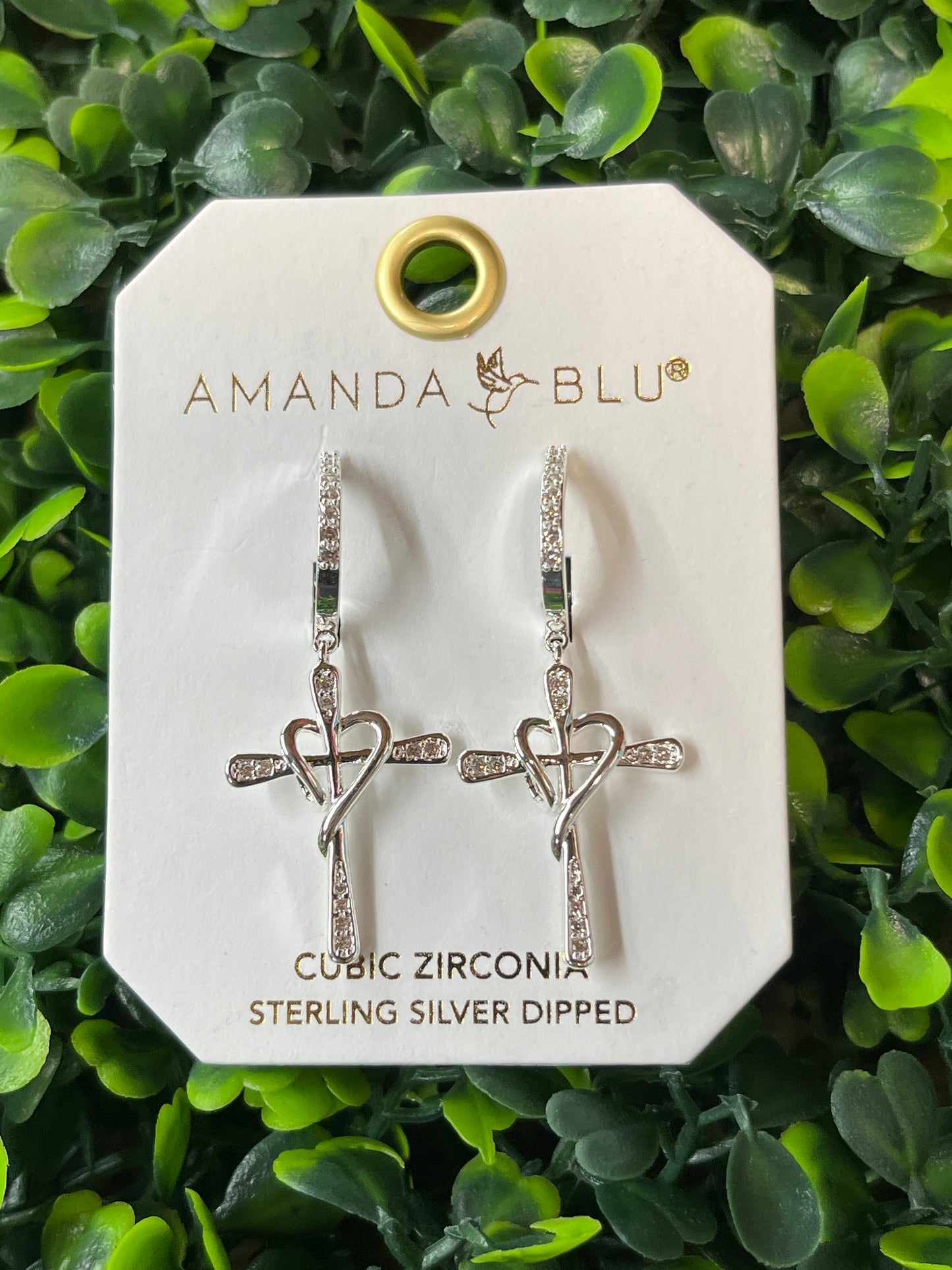Silver Pave Cross Heart Earrings