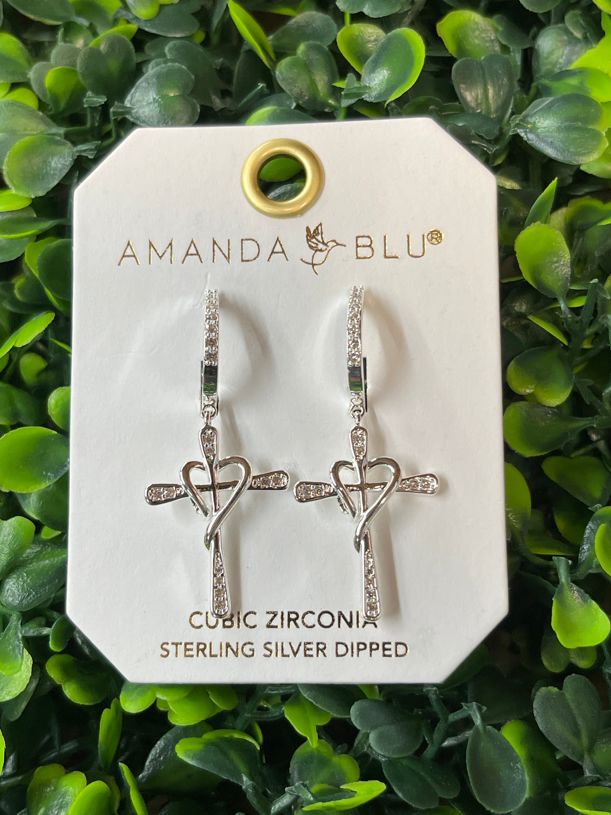 Silver Pave Cross Heart Earrings