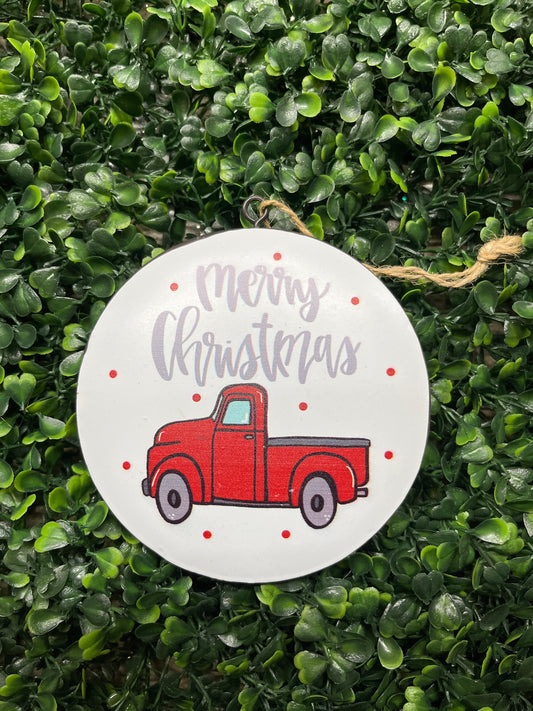 White Metal Ornament Merry Christmas /Red Truck