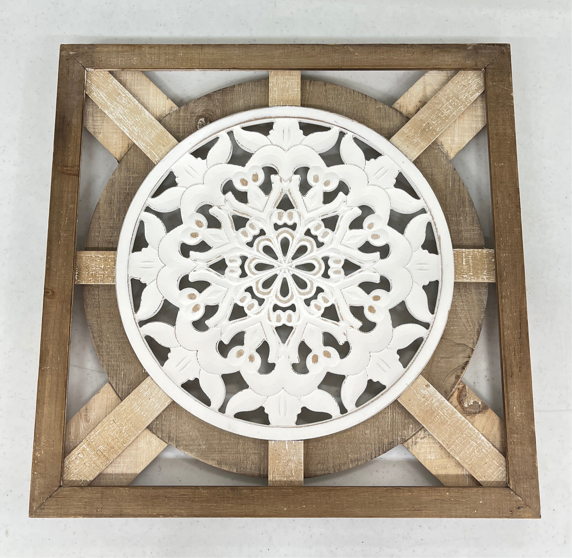 Wooden Square Picture With White Medallion
