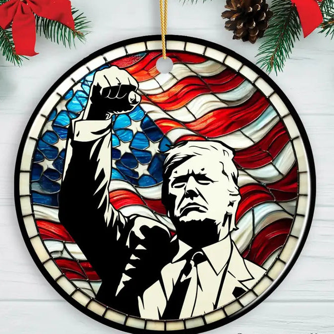 Trump with Raised Fist Stained Glass Christmas Ornament