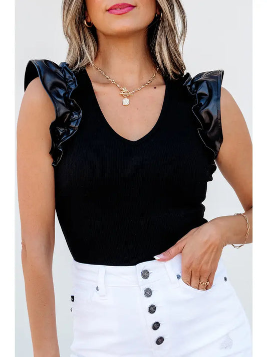 Leatherette Ruffle Patchwork Ribbed V Neck Bodysuit