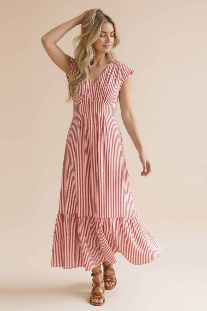 Pleated Back Smocked Waist Stripe Woven Maxi Dress