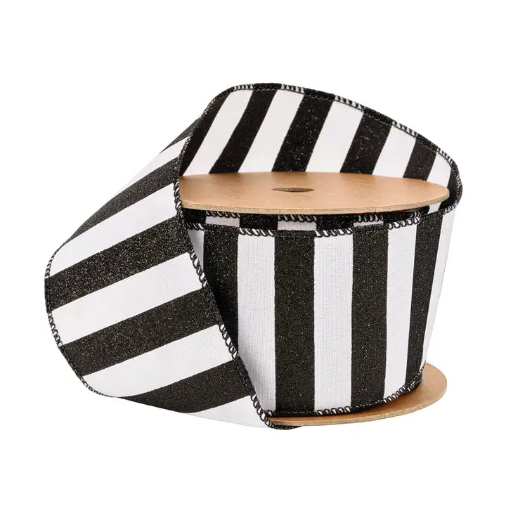 Black Glittered Stripes On White Wired Ribbon