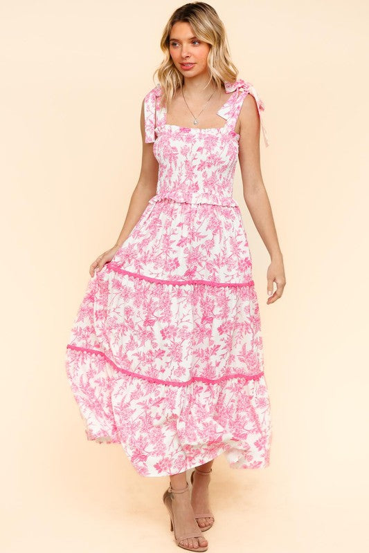 Floral Ruffle Smocked Sweetheart Neckline Maxi Dress