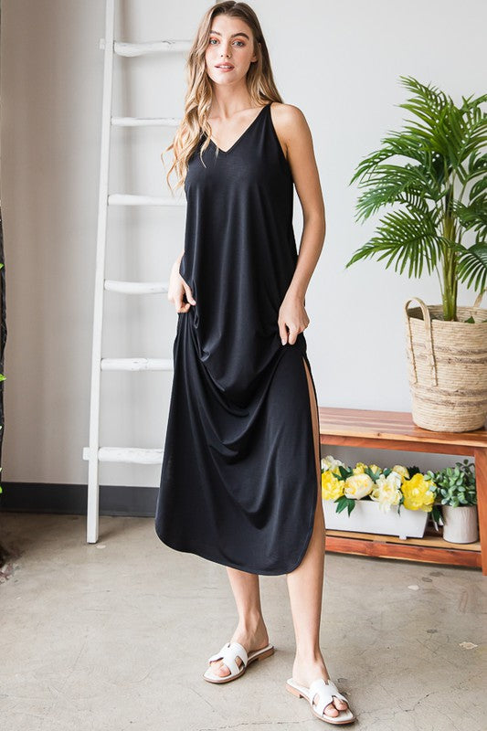 Solid Black Bulgari Maxi Dress With Pocket And Slit