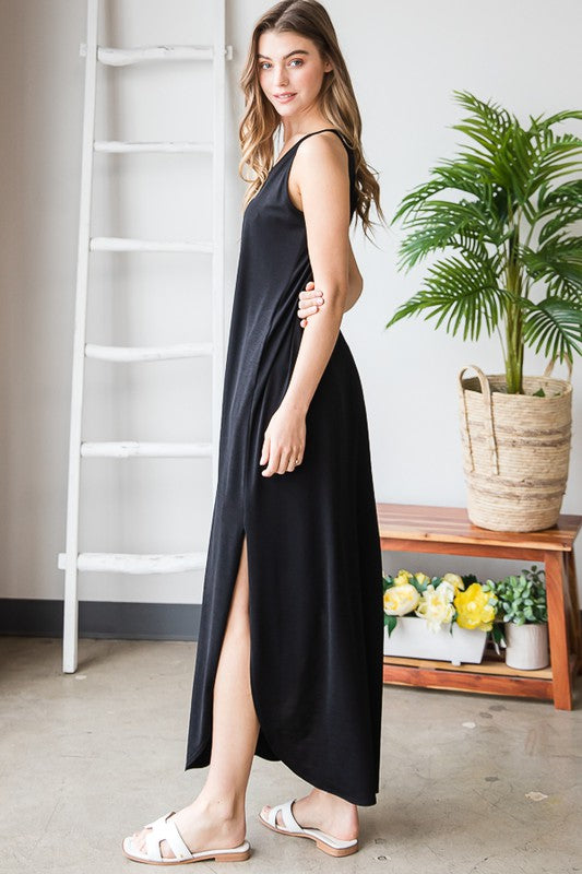 Solid Black Bulgari Maxi Dress With Pocket And Slit