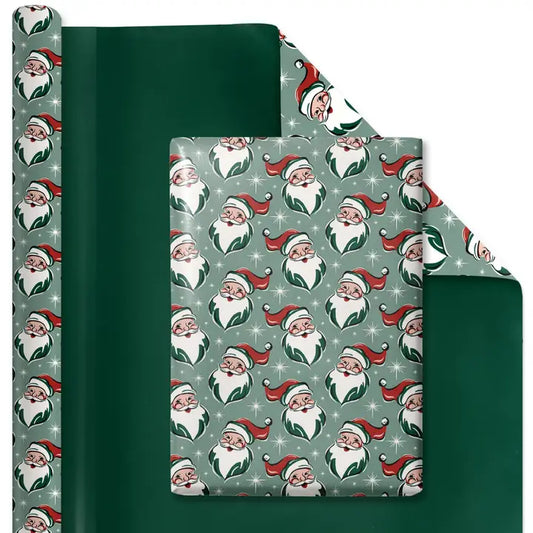 Reversible Holiday Wrapping Paper Retro Santa/Green