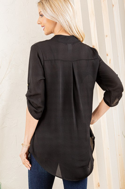 Roll Up Button Sleeve Collar Solid Top