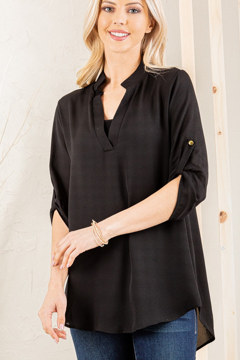 Roll Up Button Sleeve Collar Solid Top