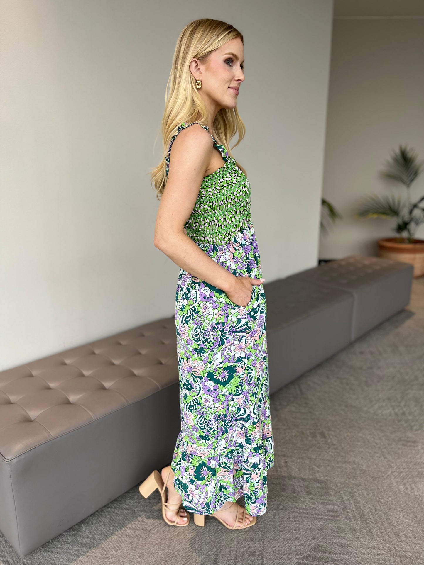 Green Smocked Maxi Dress With Floral Print