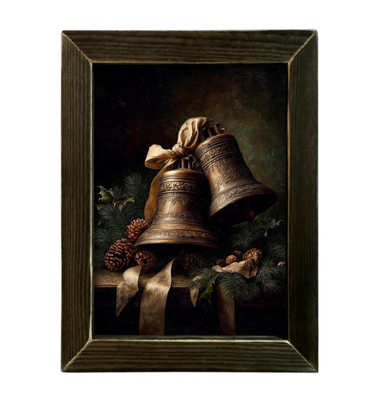 Moody Christmas Brass Bells With Brown Stain Frame- 12x16