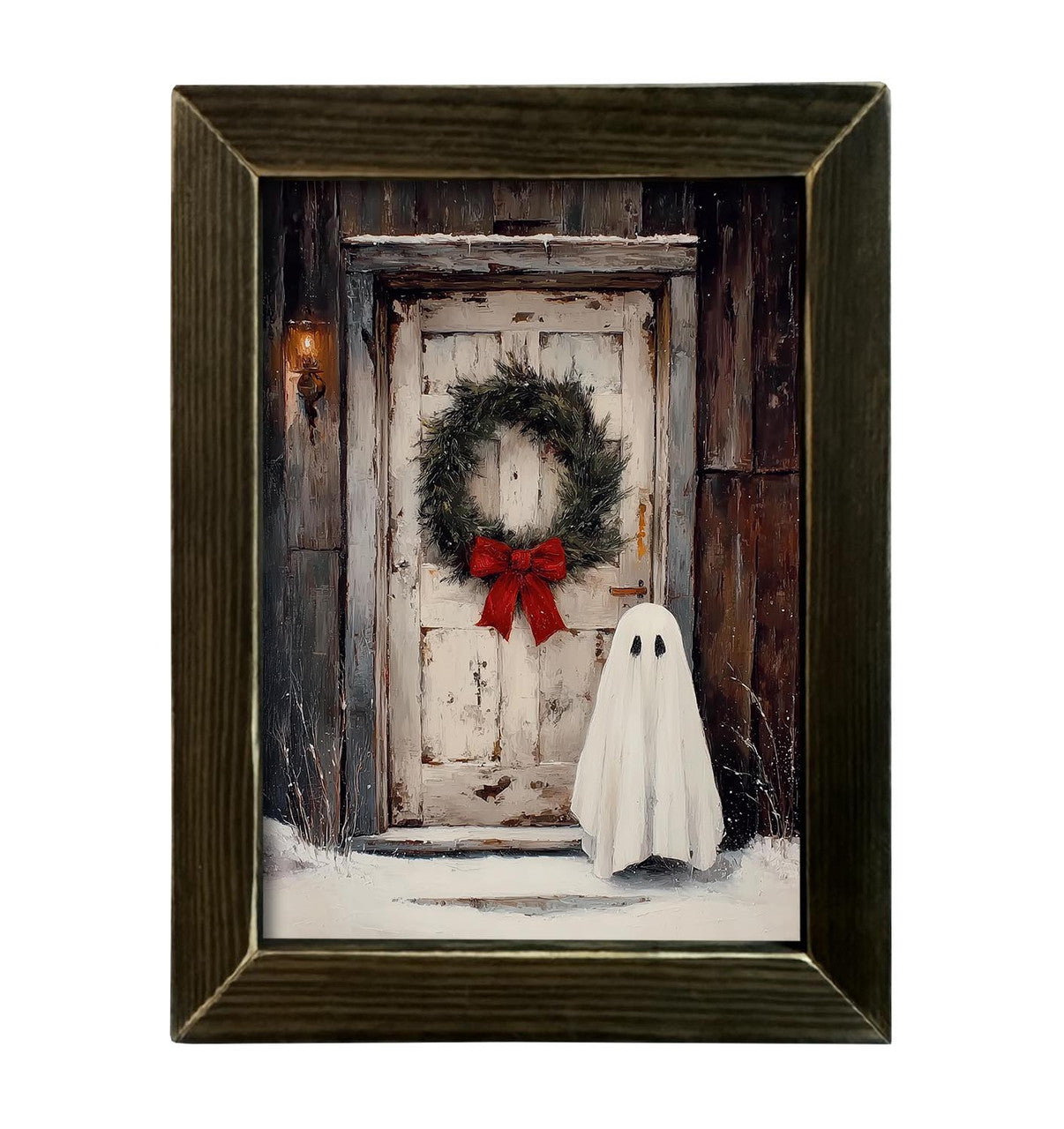 Farmhouse Christmas Ghost With Brown Stain Frame- 12x16