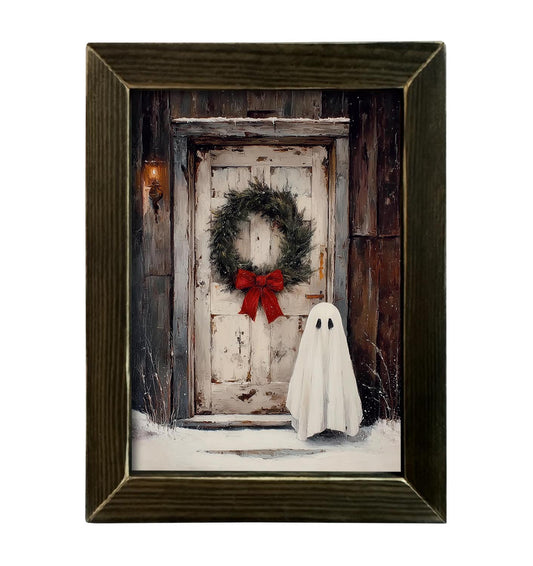 Farmhouse Christmas Ghost With Brown Stain Frame- 12x16