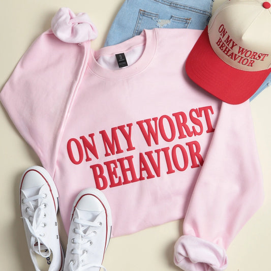 On My Worst Behavior Puff Light Pink Sweatshirt