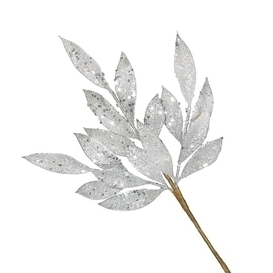 15" Silver Glitter Leaf Pick