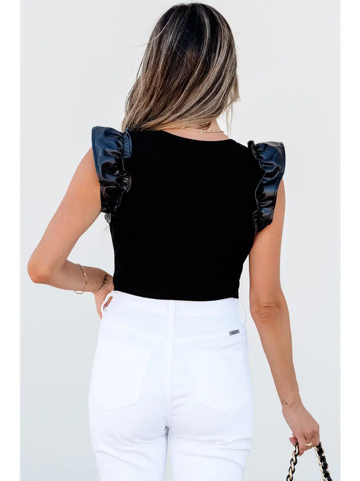Leatherette Ruffle Patchwork Ribbed V Neck Bodysuit