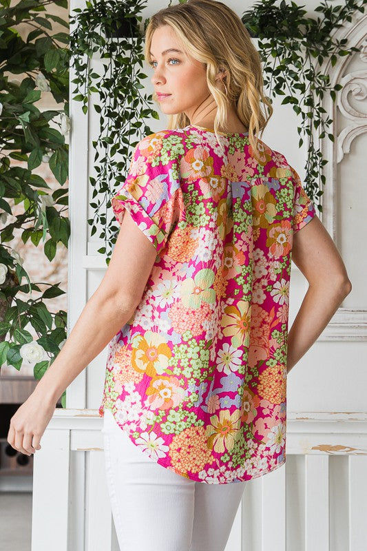 Multi Color Floral Dolman Sleeve High Low Top