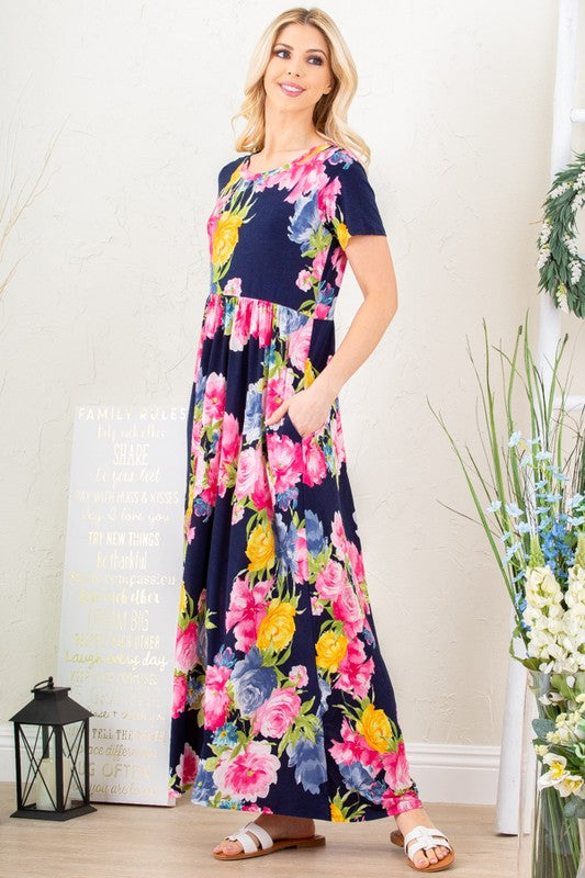 Navy Floral Print Maxi Dress