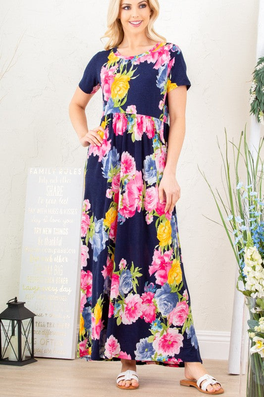 Navy Floral Print Maxi Dress
