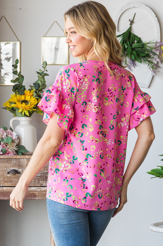 Pink Multi Color Animal Print Half Sleeve Top