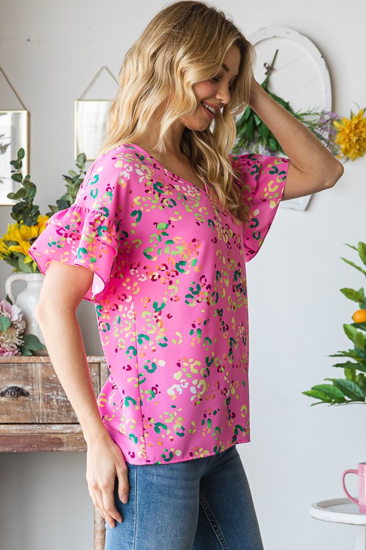 Pink Multi Color Animal Print Half Sleeve Top