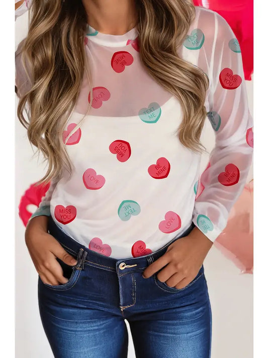 Heart-Shaped Valentines Day Mesh Blouse
