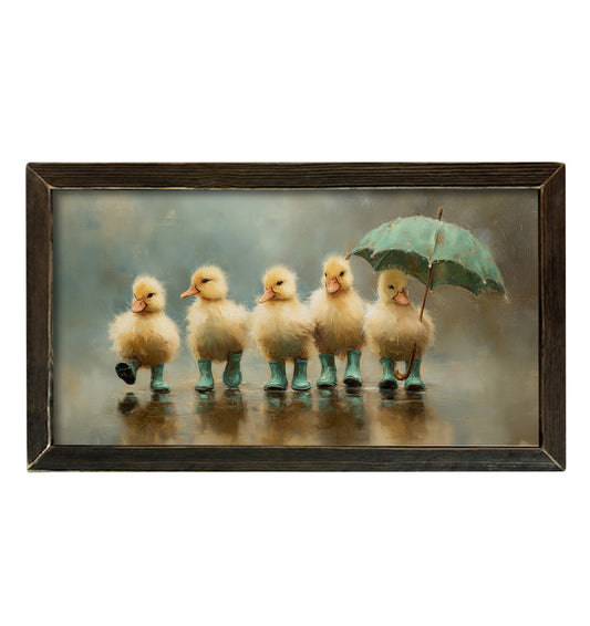 Five Rain Boot Ducks Brown Stain Frame- 16x30