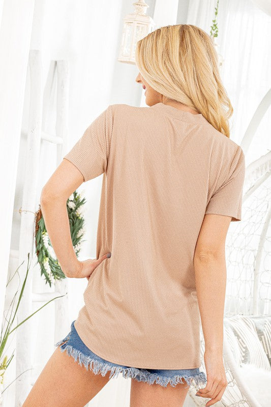 Solid Ribbed Top With Button And Tie