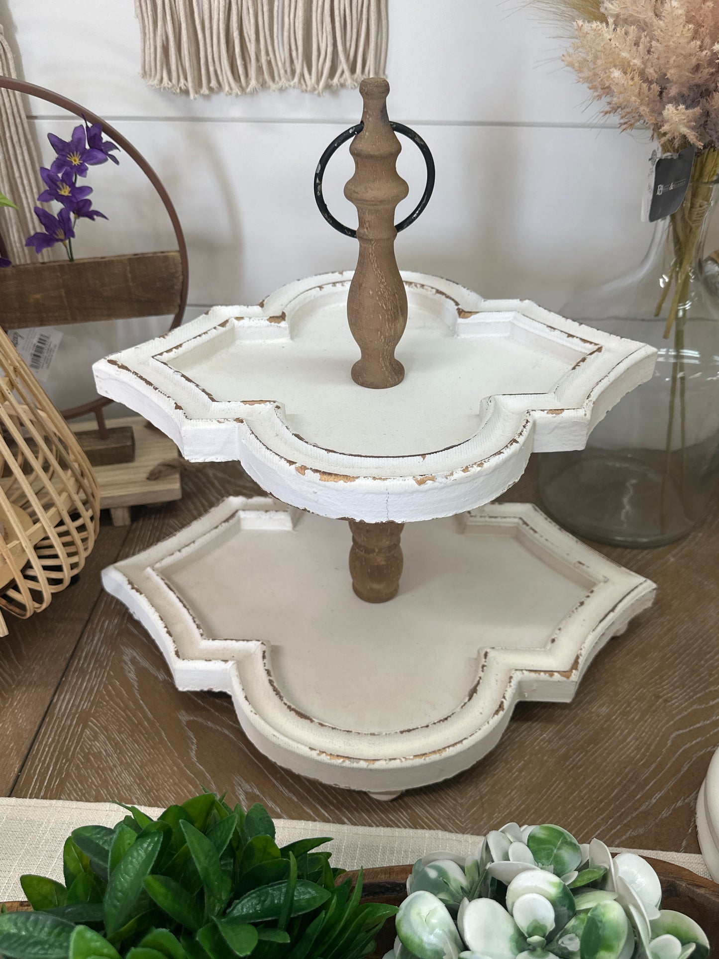 Rustic White Two Tier Wood Tray Stand