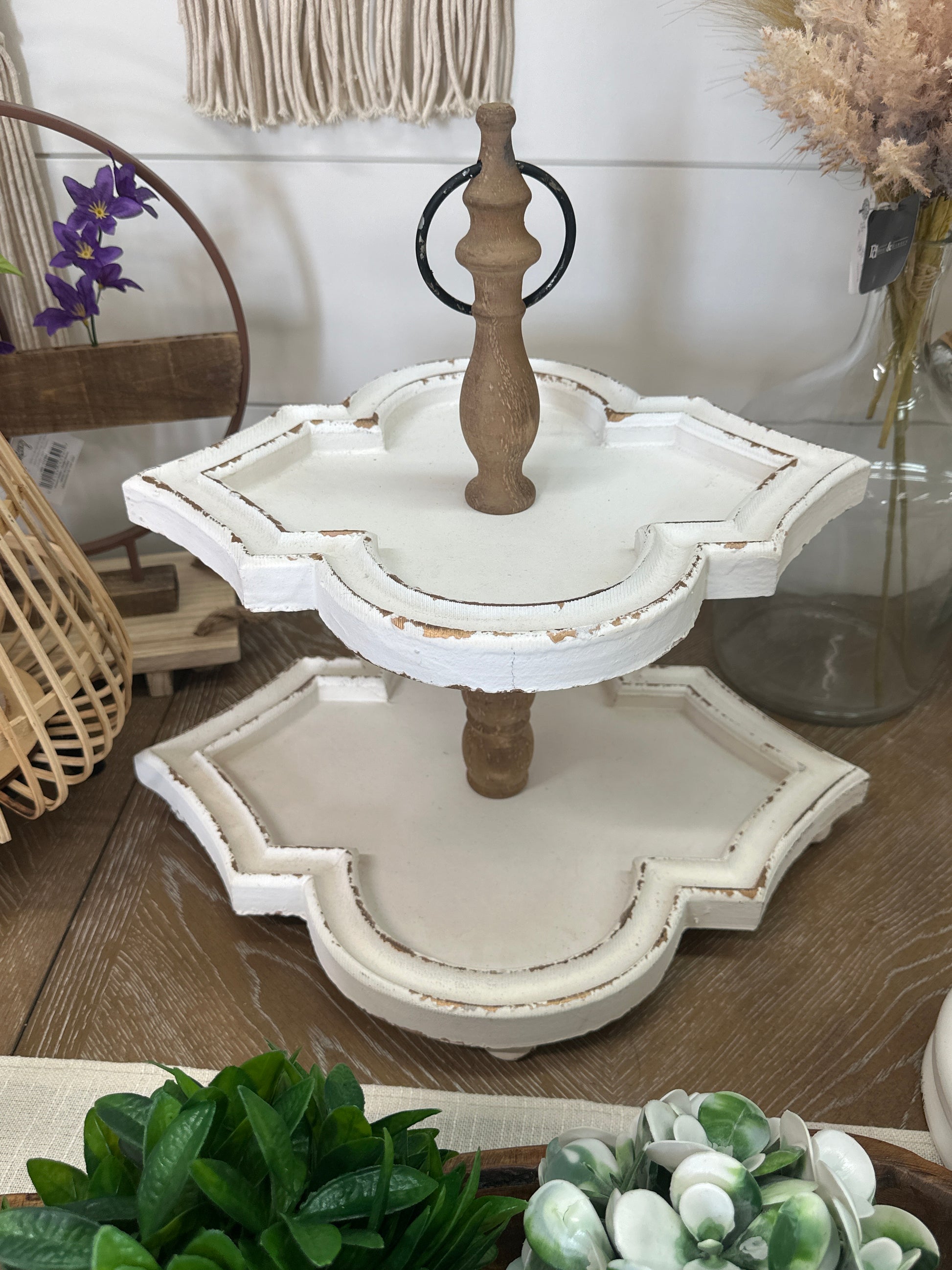 Rustic White Two Tier Wood Tray Stand