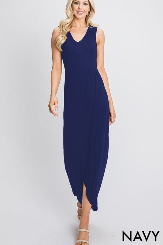 Sleeveless V Neck Solid Maxi Wrap Dress