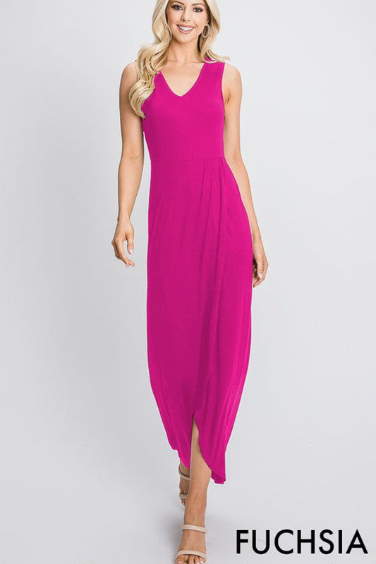 Sleeveless V Neck Solid Maxi Wrap Dress