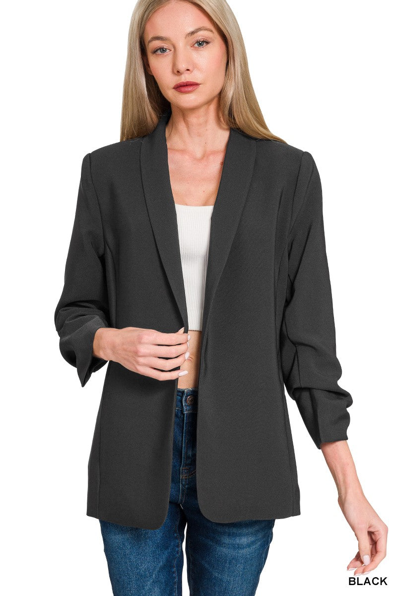 Woven 3/4 Ruched Sleeve Open Front Classic Blazer