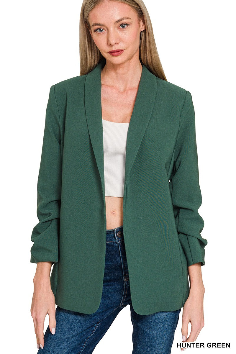 Woven 3/4 Ruched Sleeve Open Front Classic Blazer
