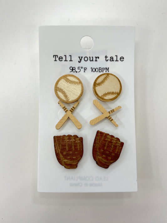 Wood Baseball Themed Earring Set of 3