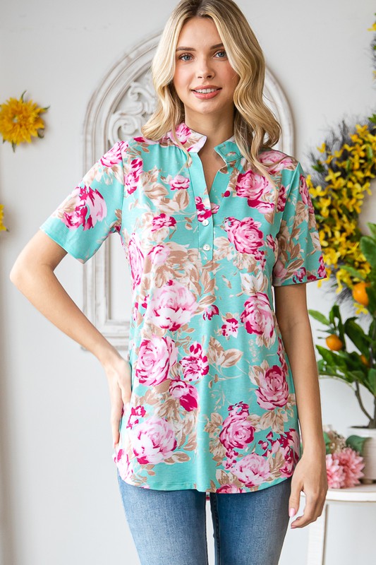 Mint Floral Top With Button Mandarin Collar