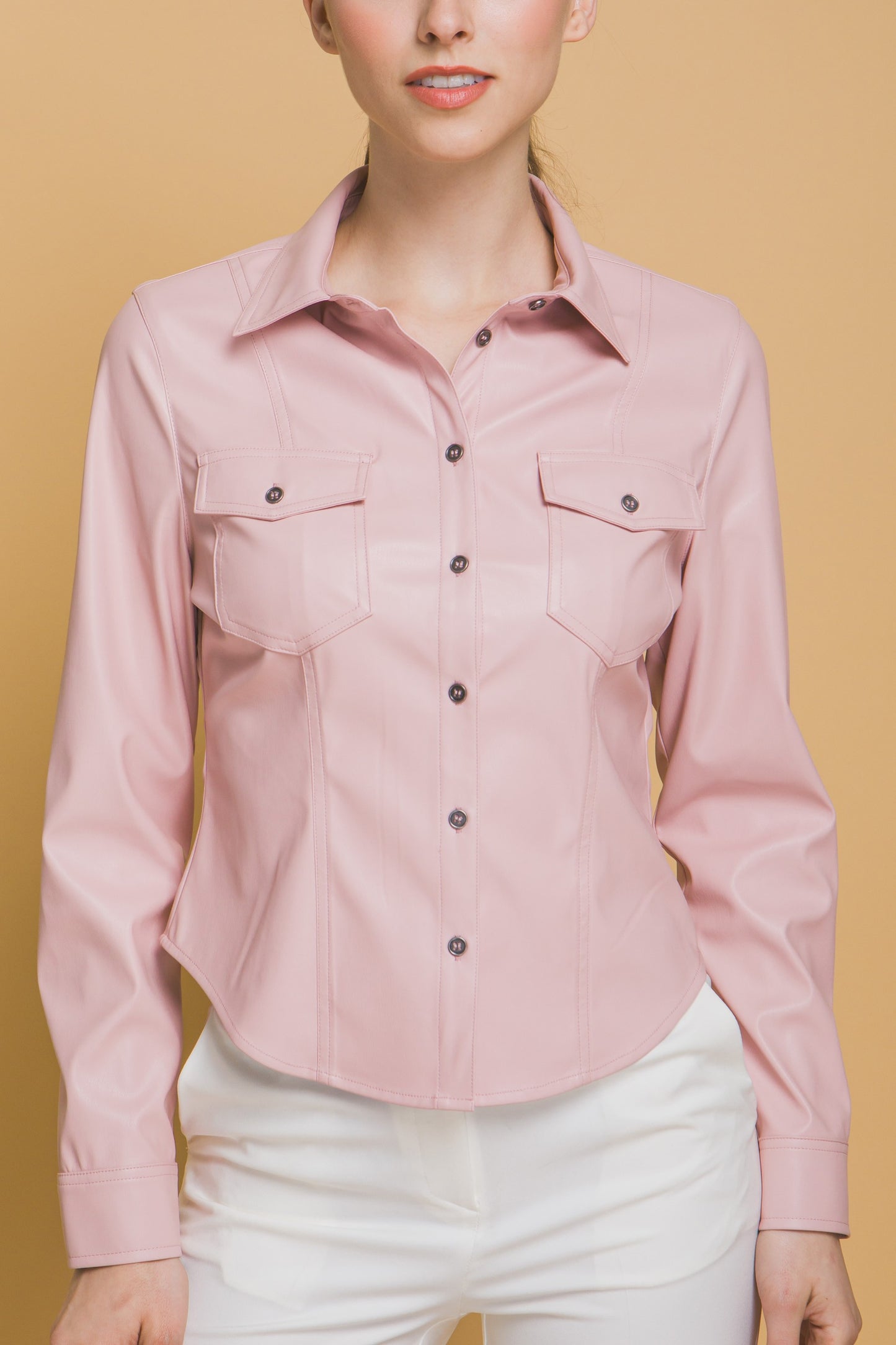 Pu Faux Leather Shirt With Button Closure