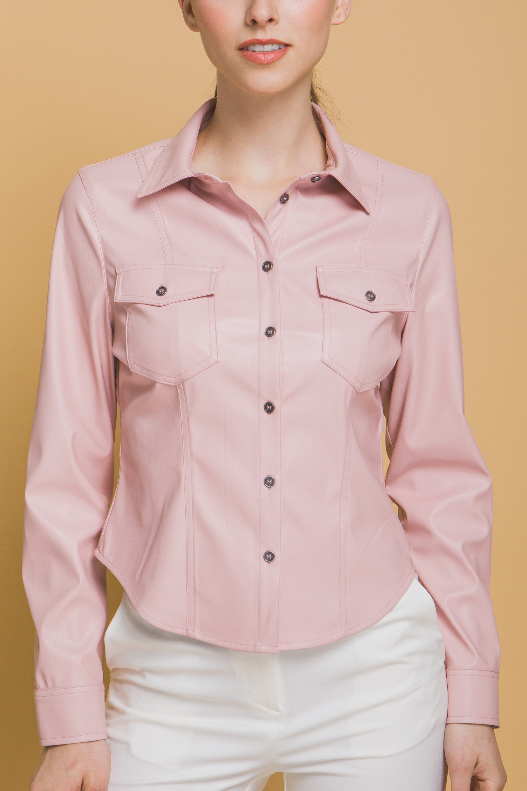 Pu Faux Leather Shirt With Button Closure