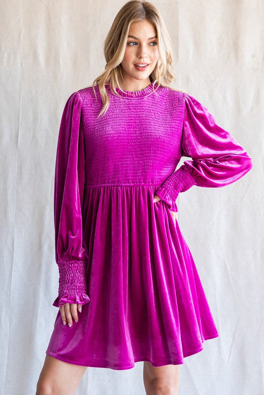 Magenta Velvet Smocked Bodice Dress