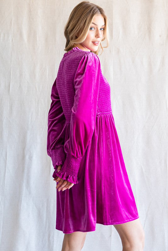 Magenta Velvet Smocked Bodice Dress