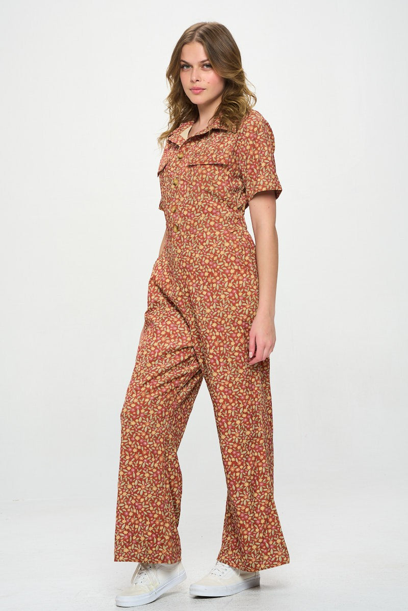 Fall Leaves Print Corduroy Jumpsuit