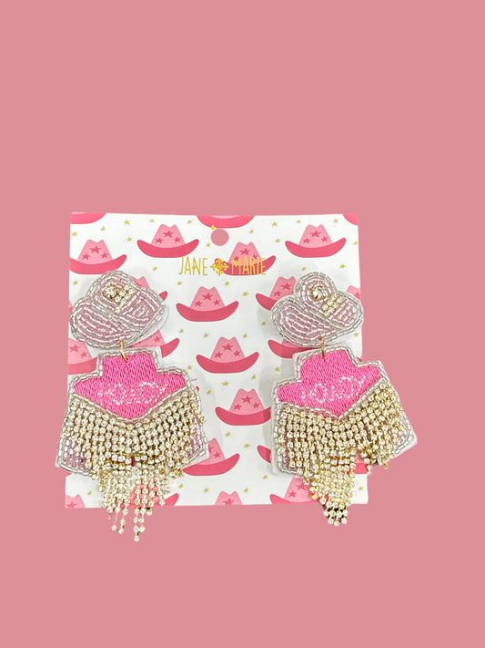Light Pink Crystal Beaded Post with "Howdy" Jacket with Fringe