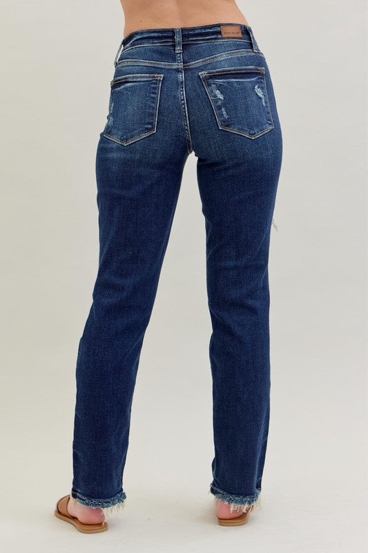 Judy Blue Mid Rise Heavy Destroyed Straight Leg Jeans