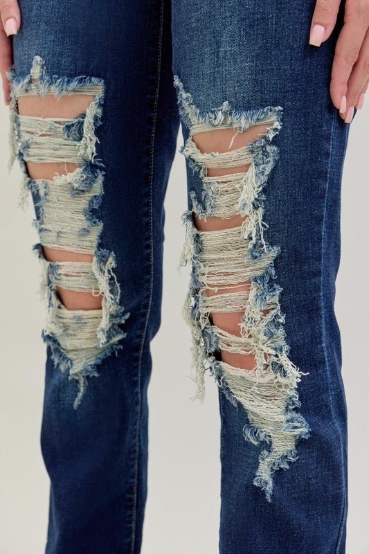 Judy Blue Mid Rise Heavy Destroyed Straight Leg Jeans