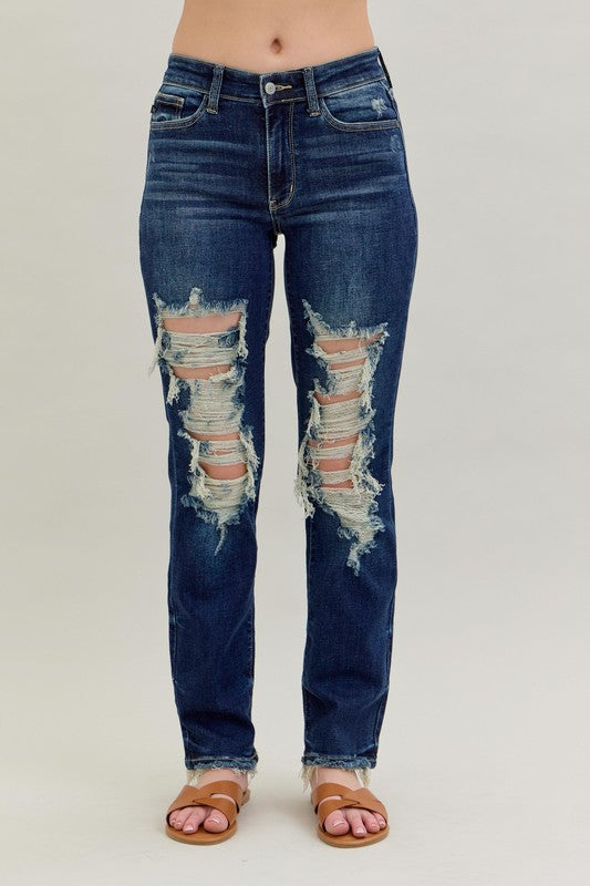 Judy Blue Mid Rise Heavy Destroyed Straight Leg Jeans