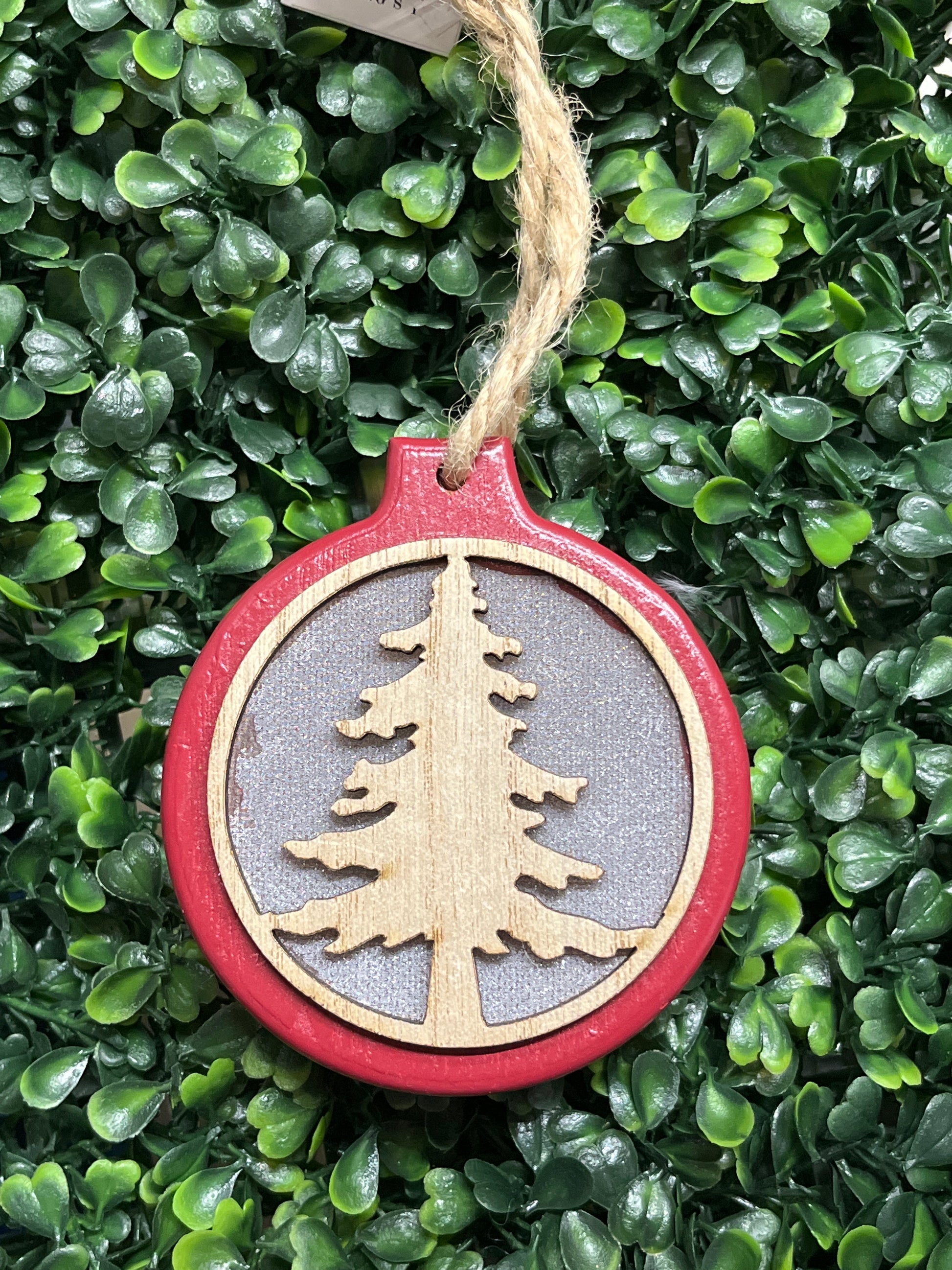 Round Red Light Up Ornament With Wood Inlay