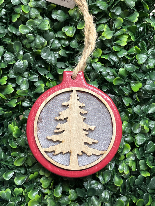Round Red Light Up Ornament With Wood Inlay