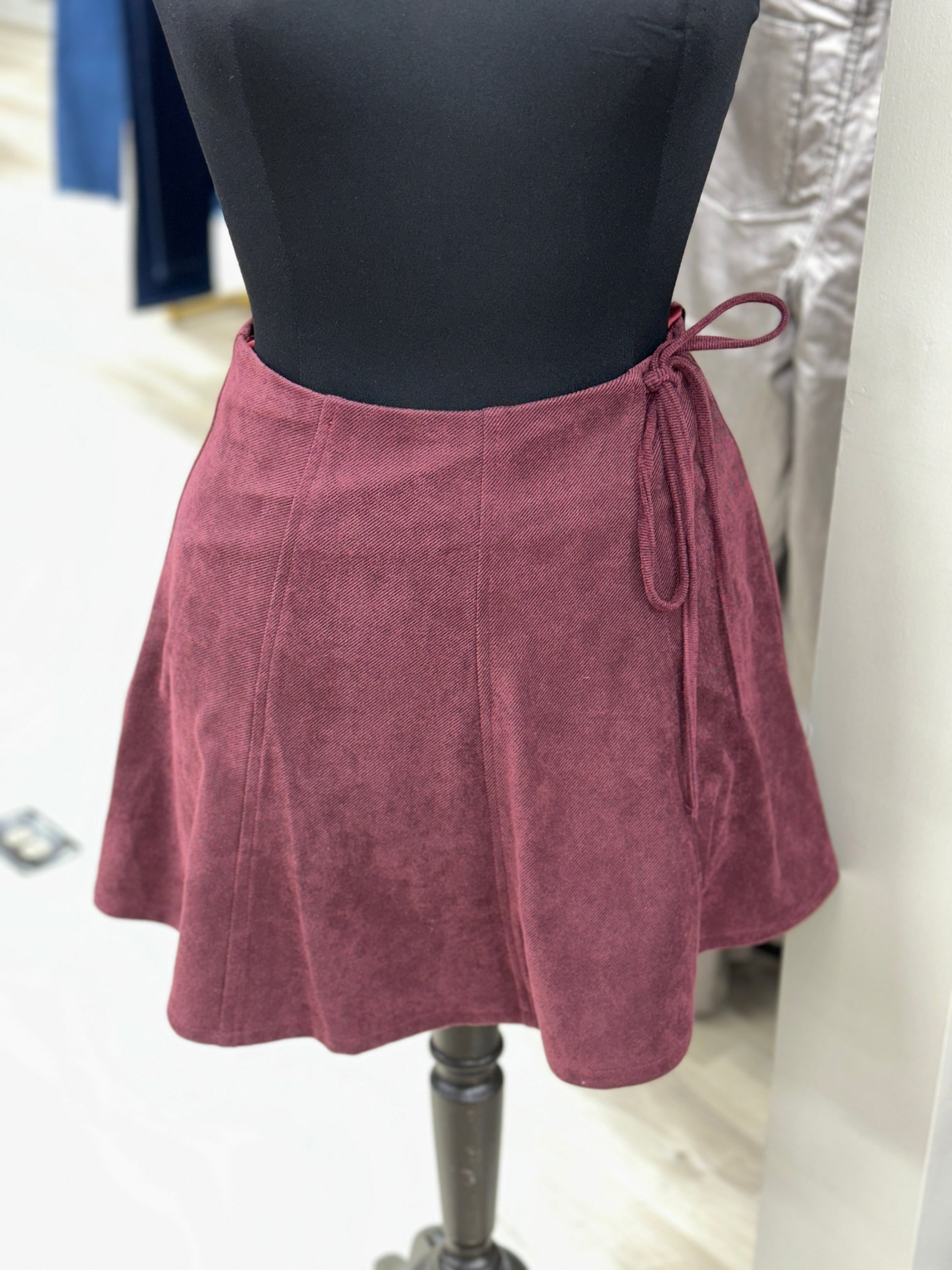 Plum Faux Suede Flared Mini Skirt With Side Tie Detail