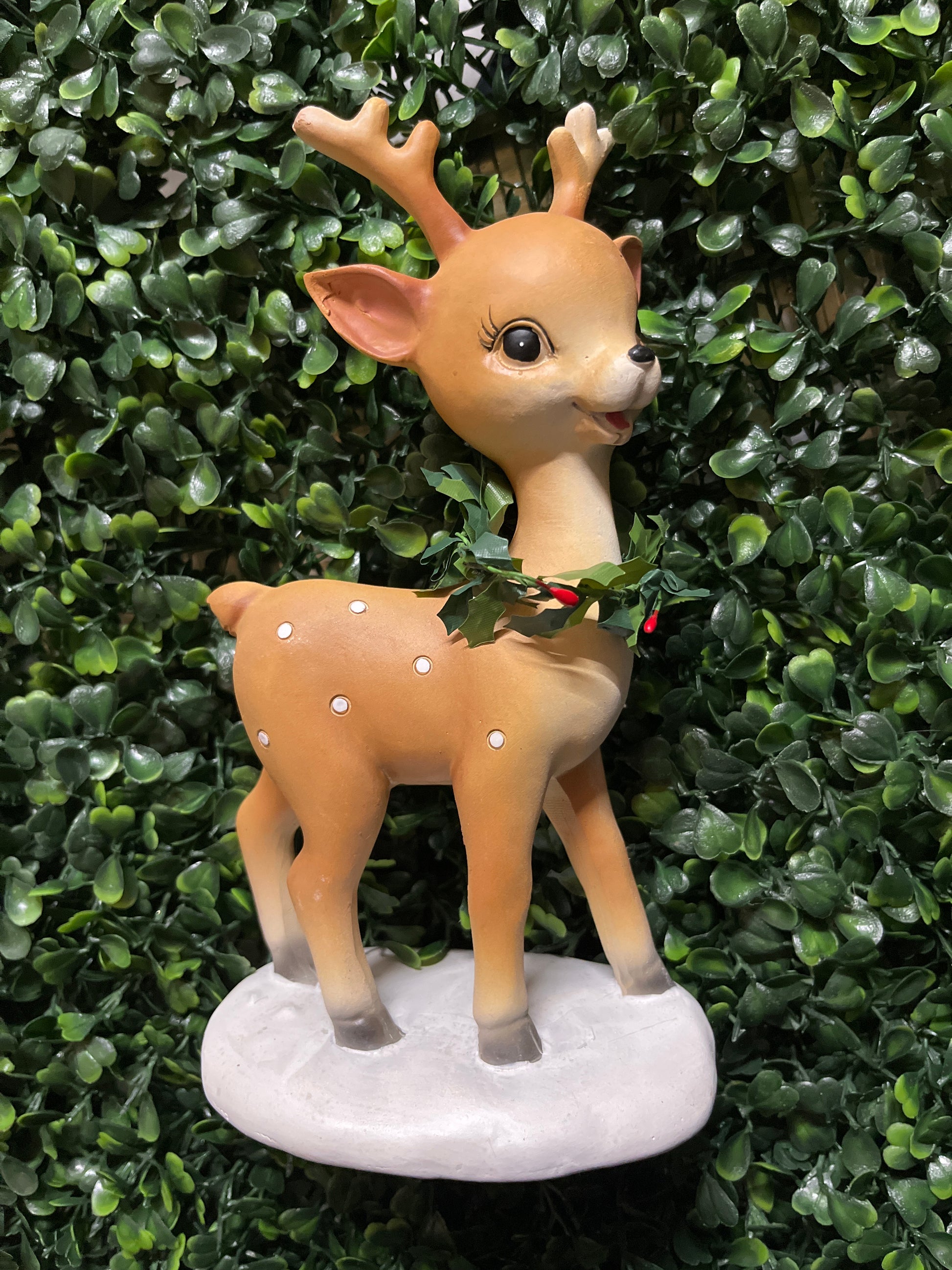 Resin Deer With Holly Wreath